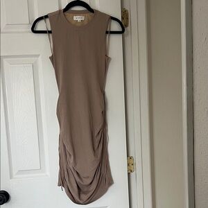 MABLE Taupe Tan Ribbed Ruched Bodycon Mini Dress ~ small